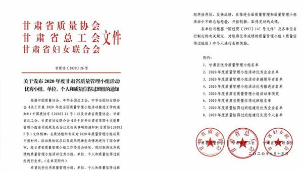 近日，甘肅省質(zhì)量協(xié)會(huì)、甘肅省總工會(huì)、甘肅省婦女聯(lián)合會(huì)聯(lián)合發(fā)文表彰了2020年甘肅省優(yōu)秀質(zhì)量管理小組活動(dòng)成果，隧道公司推薦申報(bào)的《研發(fā)一組濕陷性黃土路基施工高功效參數(shù)》《提高U型槽安裝的美觀度》和《